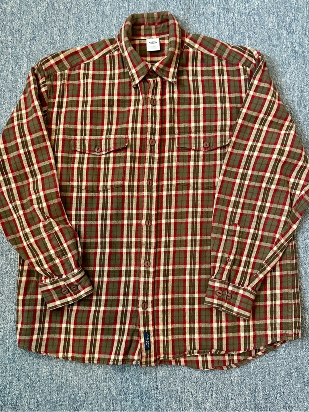 Old Navy Plaid Flannel Button-Up Shirt in Olive, Red & Cream